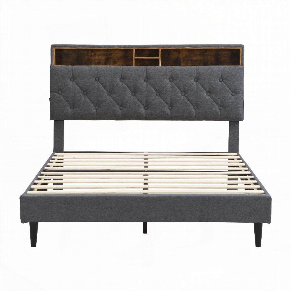 Dark Grey Queen-Size Upholstered Platform Bed Frame Having a Button-Tufted Linen Fabric Headboard, Two Storage Compartments & Built-in Charging Station (No Box Spring)