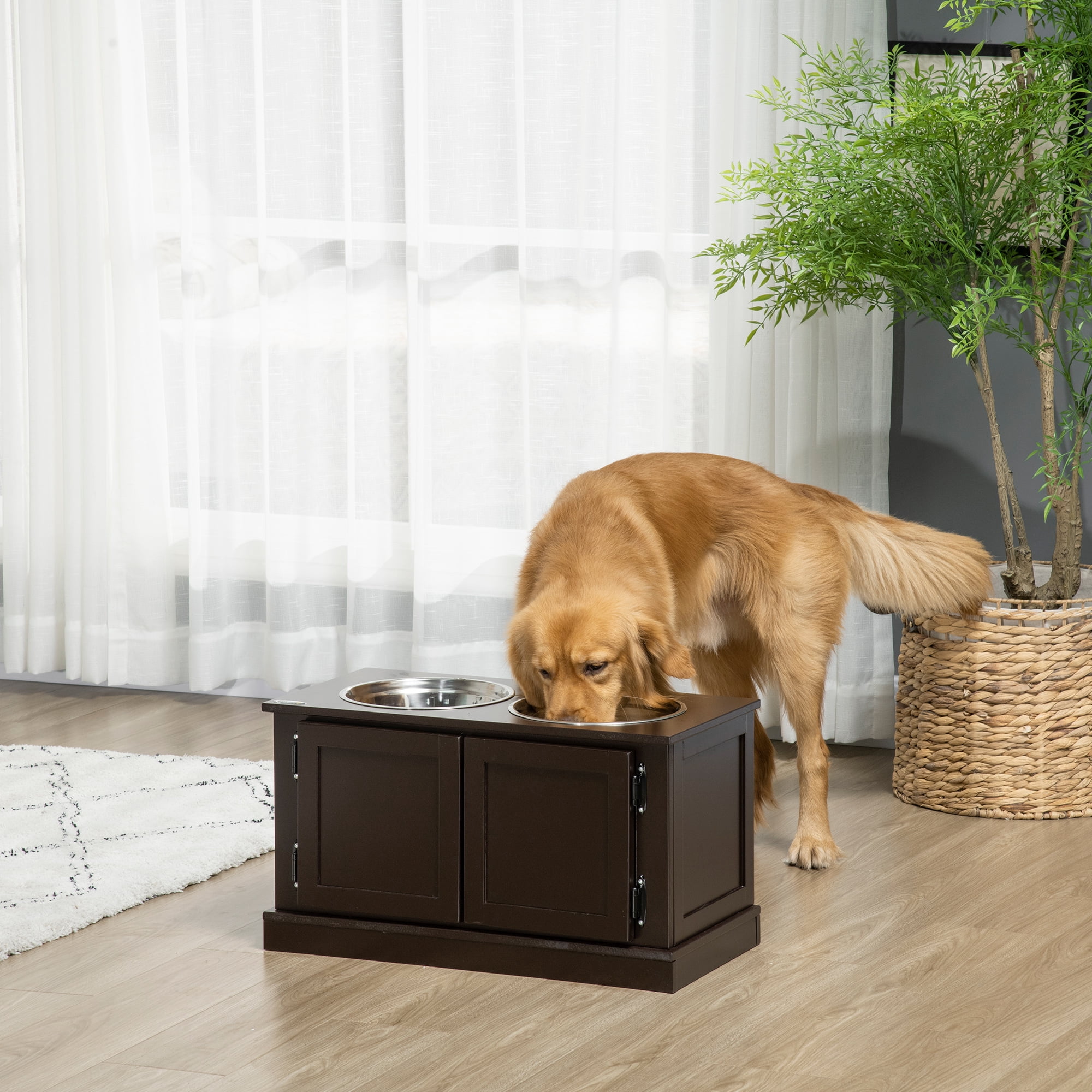 Elevated Dog Bowls for Large Dogs, Raised Dog Bowls with Storage, Two Stainless Steel Bowls, Pet Feeder Station for Indoor Use, Coffee