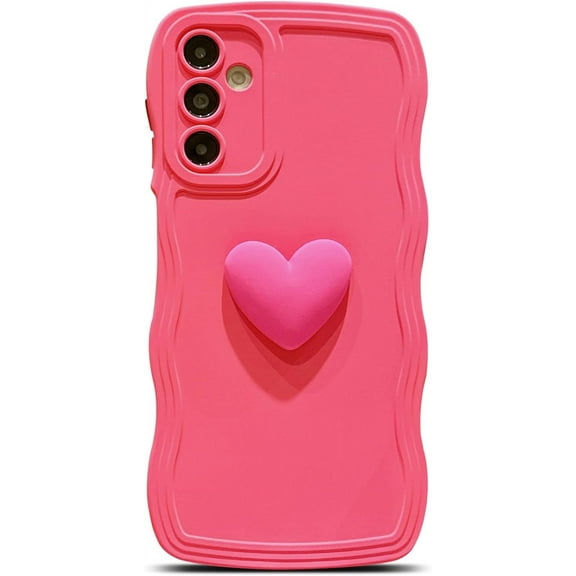 for Samsung Galaxy A15 5G Phone Case for Women, Cute Kawaii 3D Love Heart Solid Color Curly Wavy Camera Lens Cover Shockproof Soft Silicone Phone Cover 6.5 inch (Hot Pink)