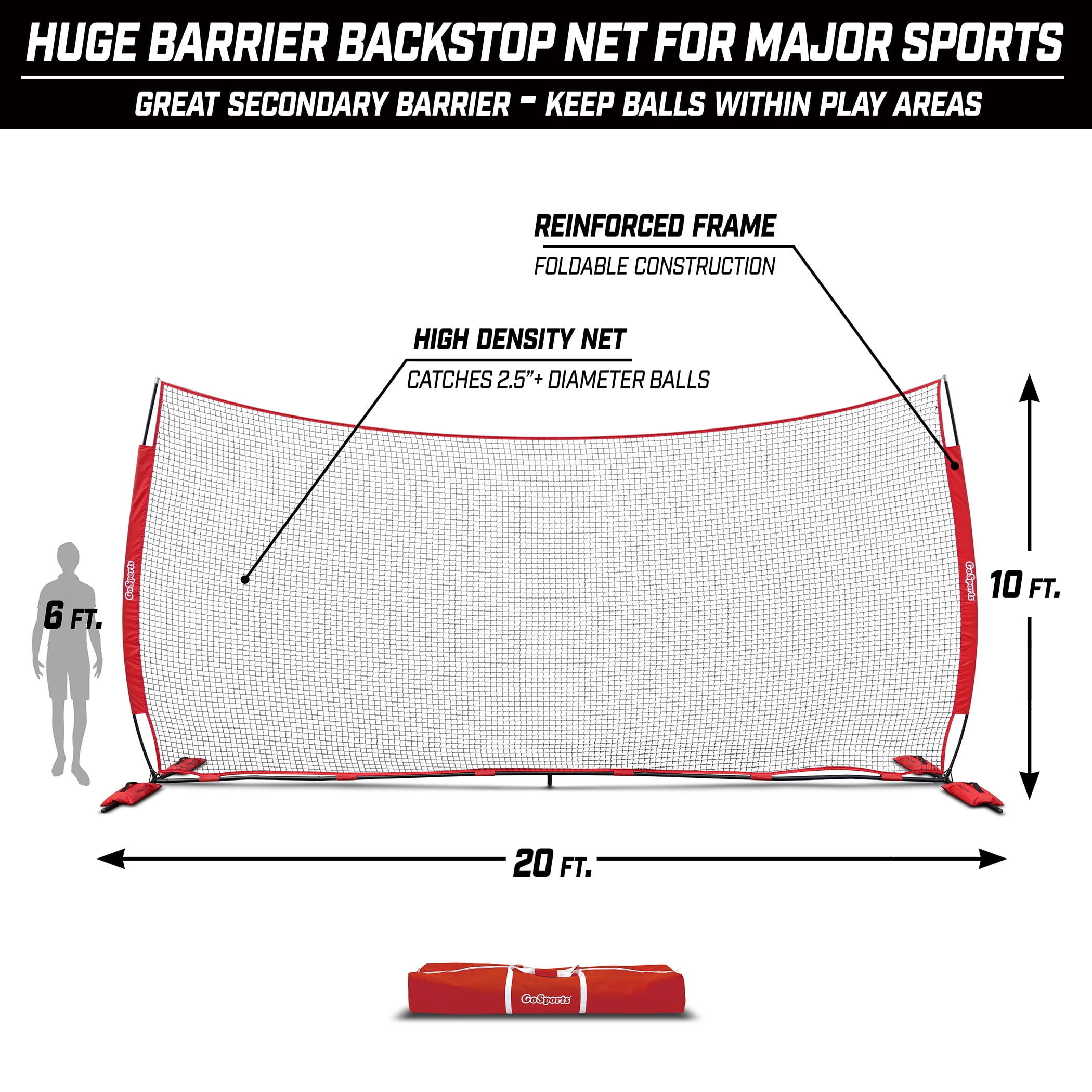 GoSports 20' x 10' Sports Barrier Net with Weighted Sand Bags - Huge Backstop Net for Basketball, Football, Baseball, Softball, Lacrosse and more