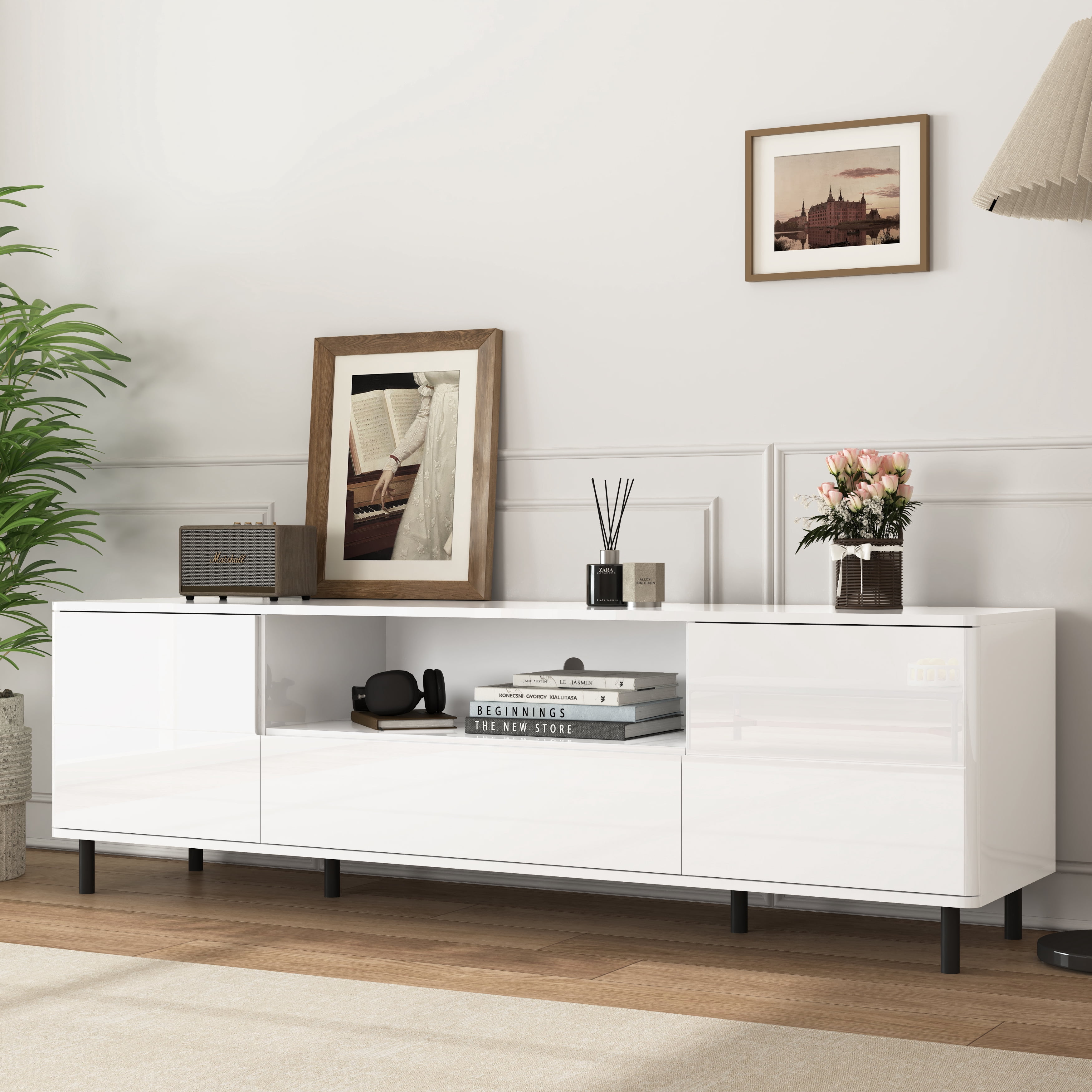 MAYEERTY High Gloss Panel Modern TV Console – White Entertainment Center with Storage Shelves