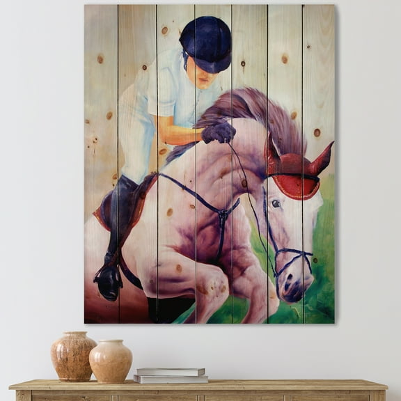 Designart 'Jockey On Galoping Pink Horse' Farmhouse Print on Natural Pine Wood