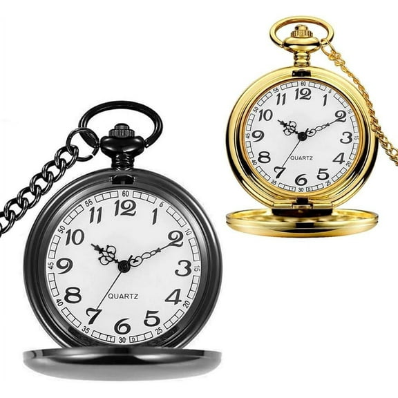 Set of 2 Classic Retro Pocket Watch with Chain for Men and Women, Arabic Numerals Scale Quartz Pocket Watch