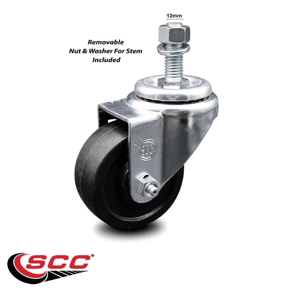 3 Inch Soft Rubber Wheel Swivel 12mm Threaded Stem Caster Service Caster