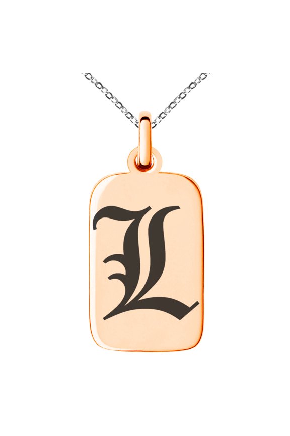 Stainless Steel Letter L Initial Old English Monogram Engraved Small Rectangle Dog Tag Charm Pendant Necklace