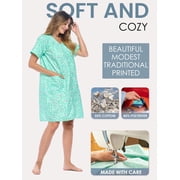 Casual Nights Womens Snap Front Lightweight Housecoat, Short Sleeve House Dress Duster Lounger Robe with Pockets, Cotton Poly Knit, Mid Calf, Garden Green Large