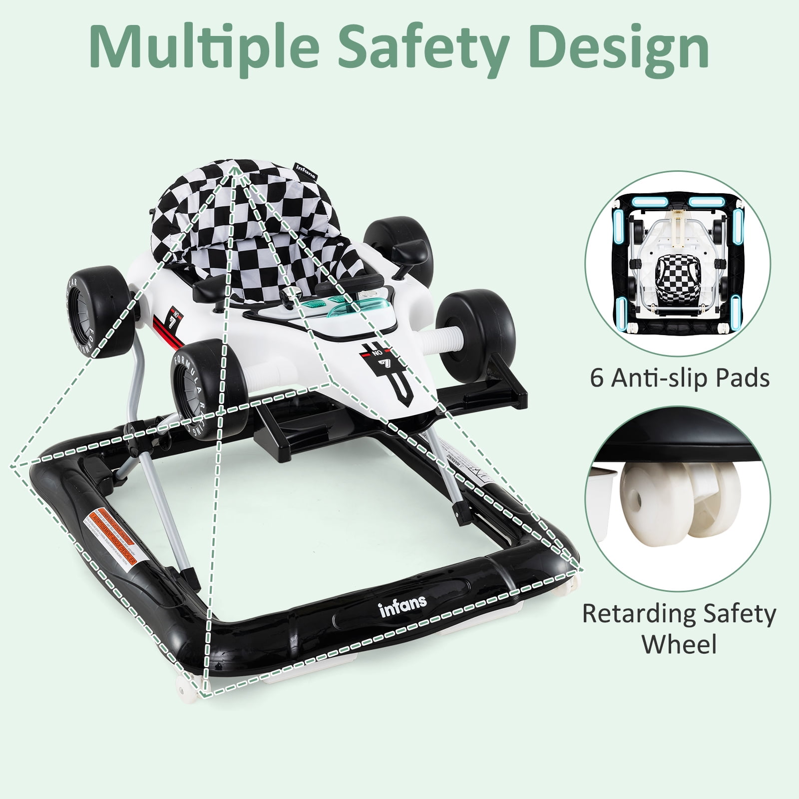 INFANS 4 in 1 Baby Walker, Foldable Toddler Activity Center with Adjustable Height, Padded Seat, Music, Light, Removable Toy Tray, Push Walker for Girls Boys Aged 6-18 Months
