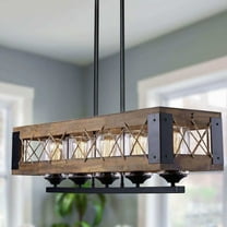 LNC 5-Light Farmhouse Rectangular Chandelier, Wood and Matte Black Island Light with Glasss