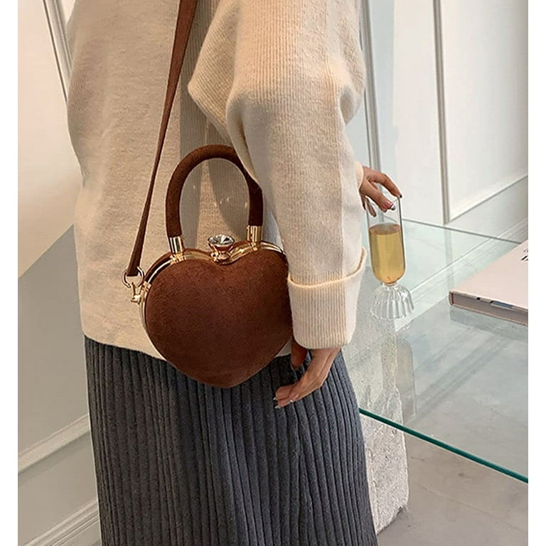 YOUI-GIFTS Heart Shaped Purse Plush PU Velvet Shoulder Bag Handbag  Crossbody Bag with Chain Clutch Evening Bag for Women