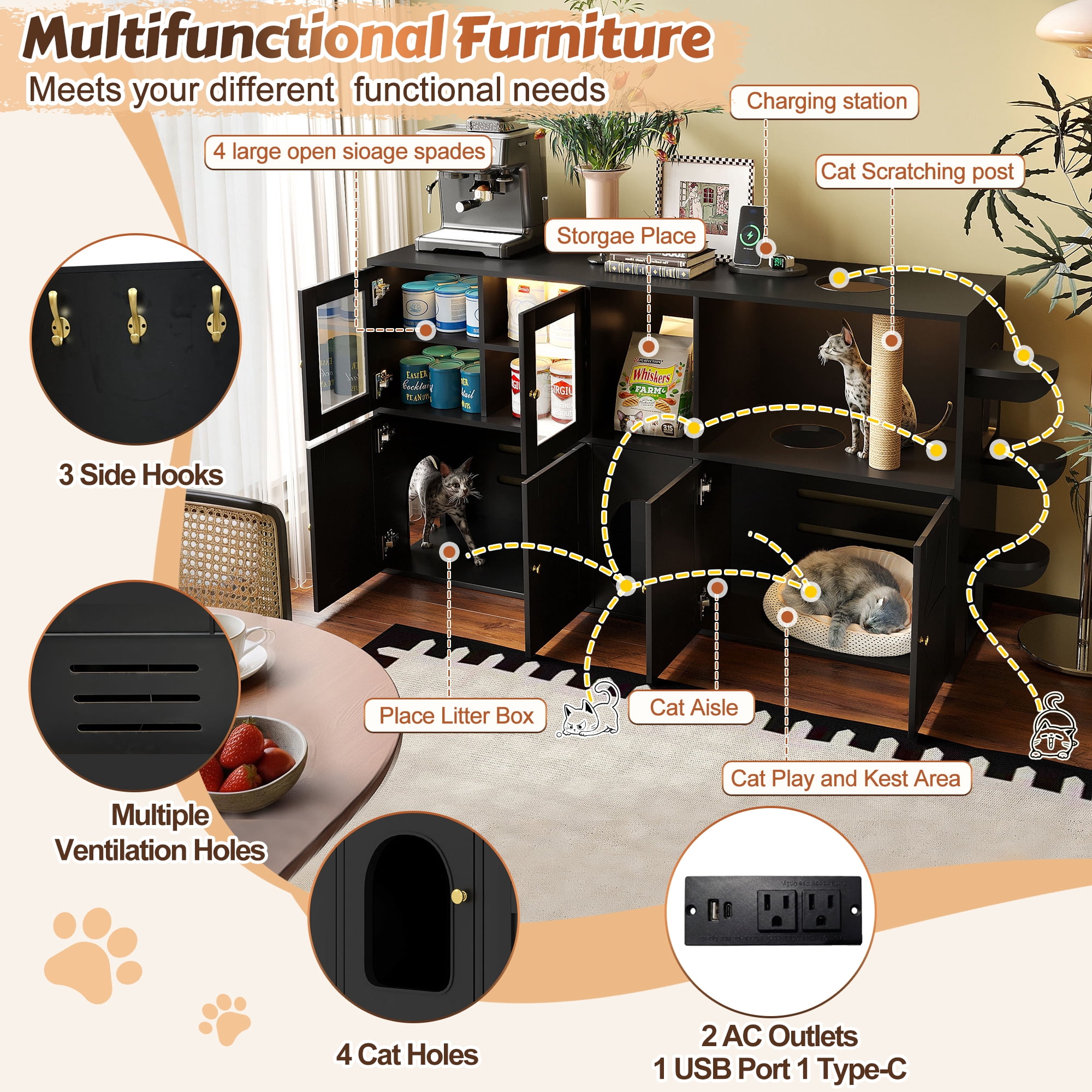 Aukfa 73.2" Cat Litter Box Enclosure TV Stand Furniture with Built-in Scratching Post & LED,Black