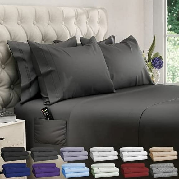DREAMCARE - Bed Sheets Set - Queen Size Sheet with Side Pocket - 6pcs Set, 15 inches, Gray