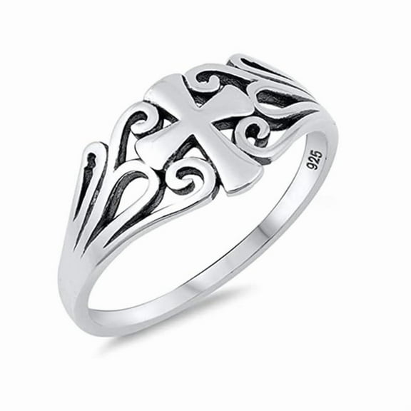 Filigree Cross Swirl Christian Ring 925 Sterling Silver Oxidized Stackable Promise Band For Her