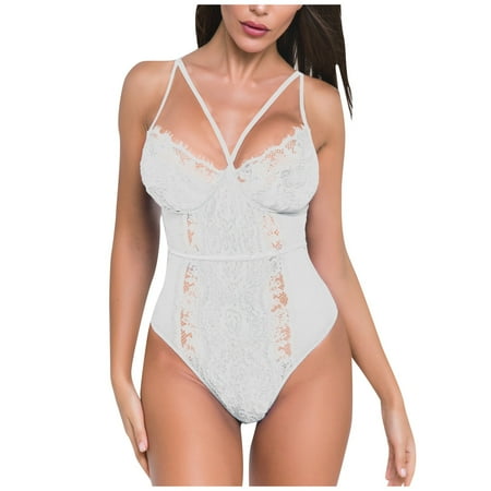 

BIZIZA Womens Teddy Bodysuit Babydoll Sexy Snap Crotch Lingerie One Piece Lace White XL