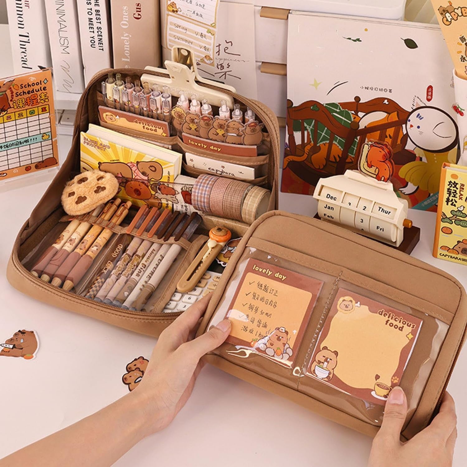 Cute Pencil Case with 12 Compartments, Stationery Set, Large Capacity Pencil Case with Accessories, Cartoon Student Pen Bag Organizer