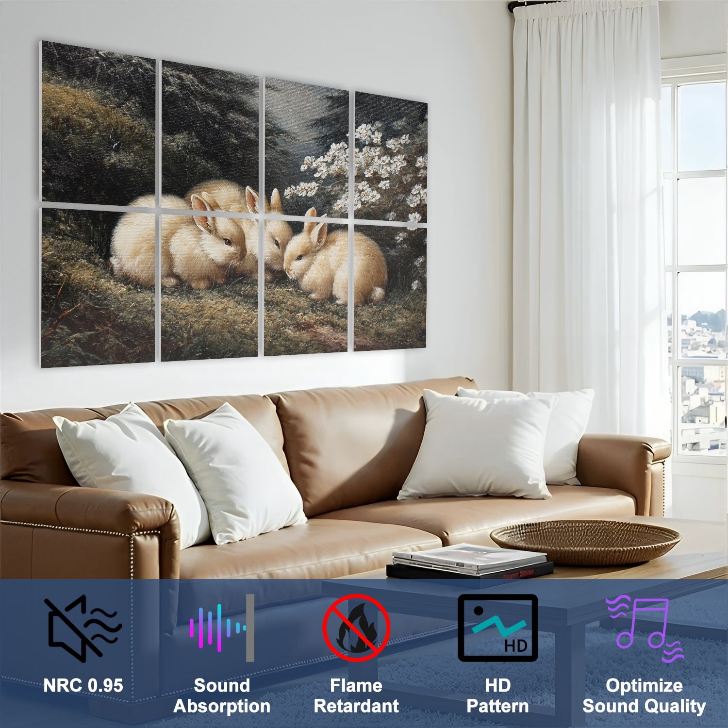 8 Pack Art Acoustic Panels Vintage Gold Bunny Easter Rabbits Forest Oil Painting Retro Farmhouse Self Adhesive Sound Absorbing Panels for Home Office Studio Media Room 48"x32"