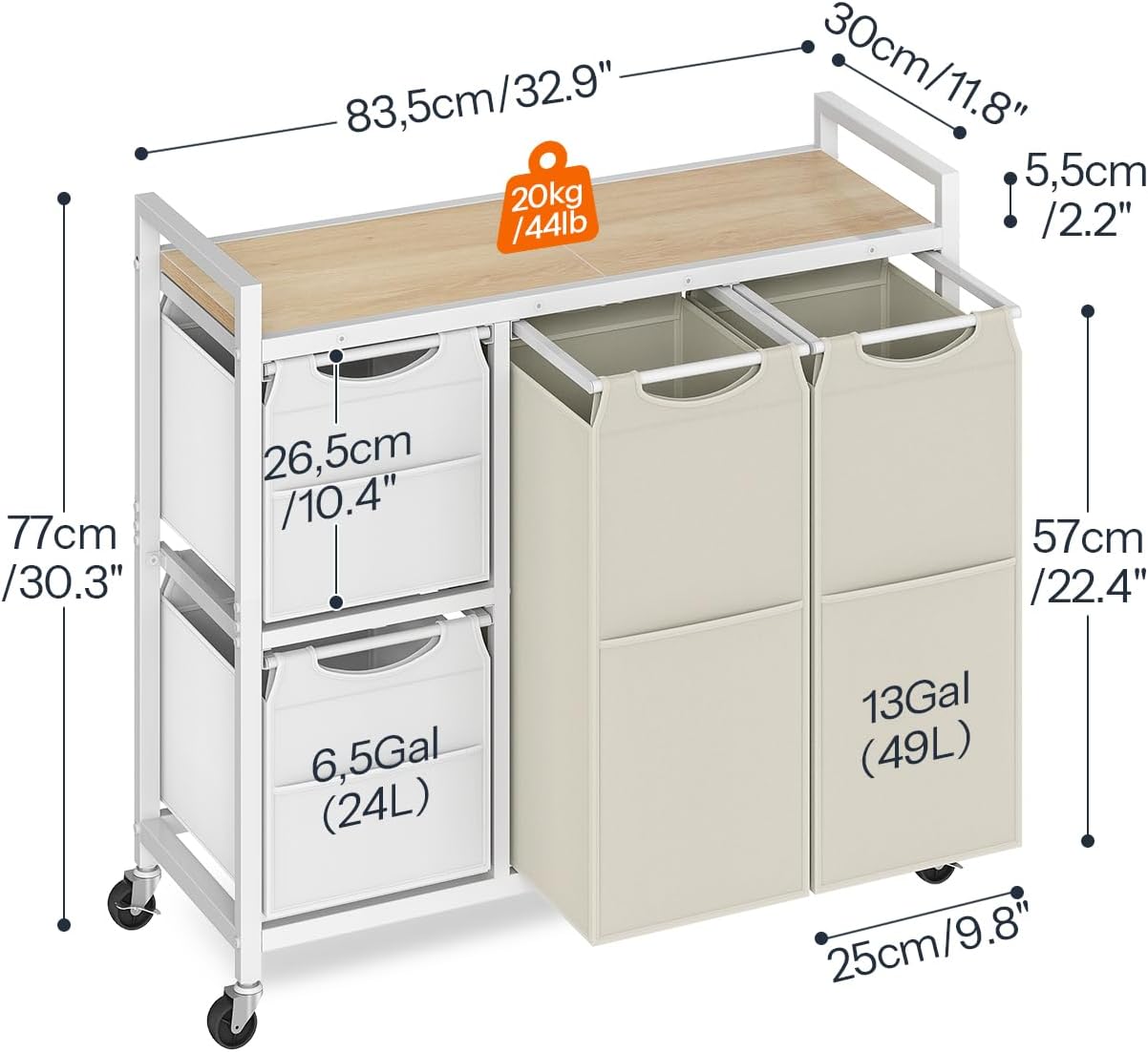 Laundry Sorter with 4 Section, 39 Gal. (147 L) Laundry Hamper with Wheels, Rolling Laundry Basket with Shelves, Pull-Out Detachable Bags, Side Pockets