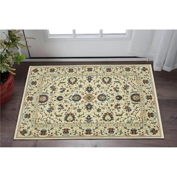 HomeRoots 575239 3 x 5 ft. Oriental Rectangle Area Rug with Fringe, Ivory, Blue & Brown