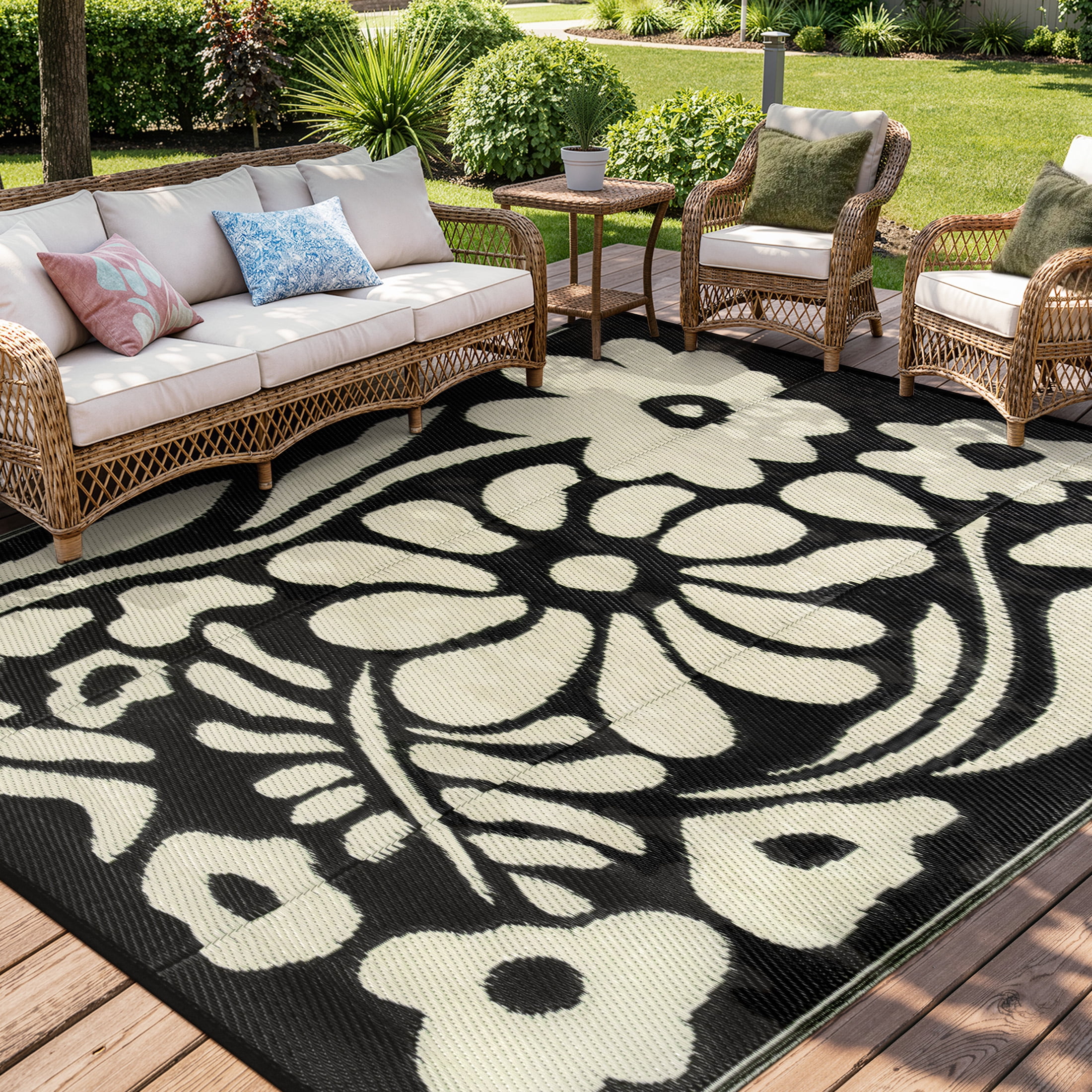 Moynesa 8'x10' Outdoor Rugs Waterproof, Plastic Straw RV Rugs for Outside, Large Portable RV Outdoor Rugs for Camping, Reversible Flower Picnic Mat for Camper Garden Tent