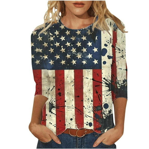 Savings Plus Size Patriotic T-Shirts Vintage Usa Flag Star Tunic Tops Scooped Neck T Shirt 3/4 Sleeve Tees Independence Day Tee Shirts Pullover Sweater Blouses Holiday Summer Vacation Clothes