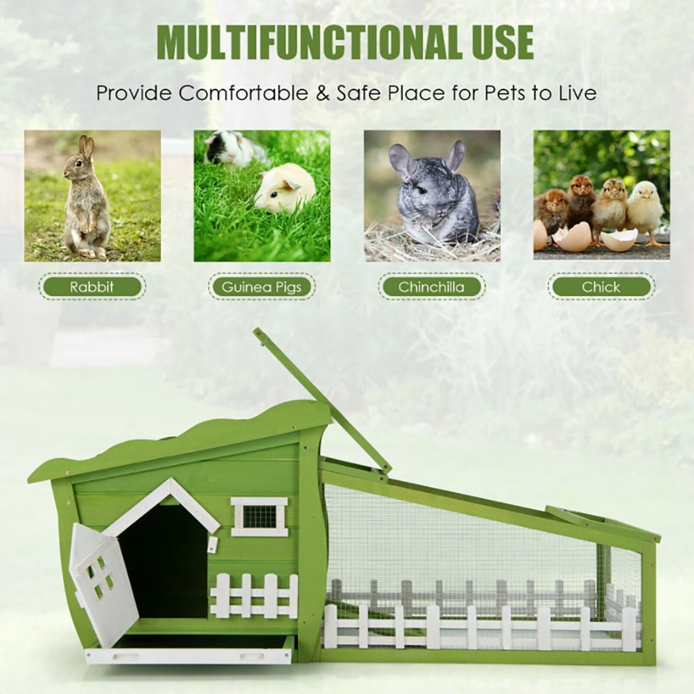 62 Inch Wooden Rabbit Hutch with Pull Out Tray-Green, Rabbit Hutch for Cats, Rabbits, Bunnies, Guinea Pigs