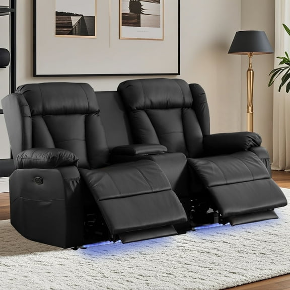 QJTC Loveseat Recliner Chair, Power Reclining Loveseat with Console, 66.3'' Double Recliner Loveseat Sofa with Storage/USB Charging/Lighting/Cup Holders for Living Room, Black