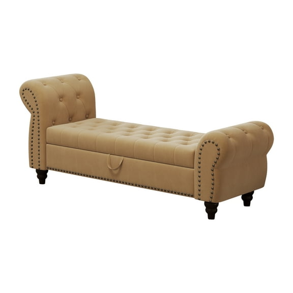 Modern Velvet Upholstered End of Bed Bench, Button Tufted Chaise Lounge Storage Ottoman with Backrest and Armrest for Bedroom Living Room