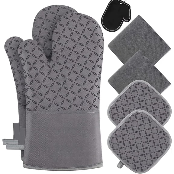 Oven Mitts and Pot Holders Set 6 Pieces, 500°F Heat Resistant Extra Long Kitchen Oven Gloves with Non-Slip Silicone Grip, Flexible BBQ Mitts for Cooking Baking Grilling, Grey
