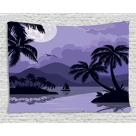 Tropical Tapestry, Caribbean Island Landscape at Night Full Moon Sailboat and Palm Trees, Wall Hanging for Bedroom Living Room Dorm Decor, 60W X 40L Inches, Black Lavender White, by