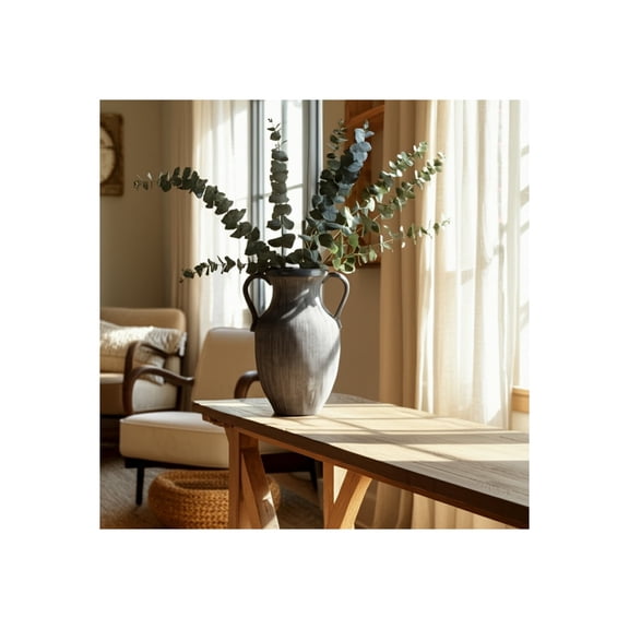 Ceramic Decorative Vase with Handles - Textured Dolomite Home Accent for Living Room, Bedroom & Office - Modern & Rustic Casual Style - 15" Black