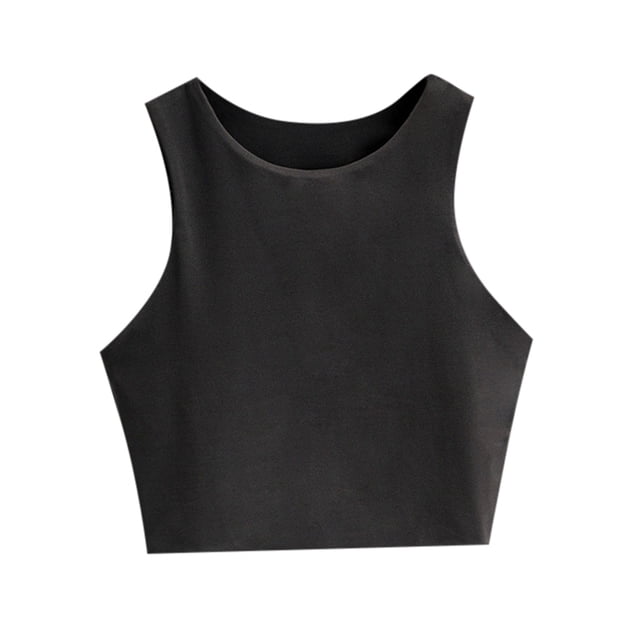 Débardeur Court Sans Manches pour Fille, Double Couche, Col Rond, Noir M/13 Y-14 Y