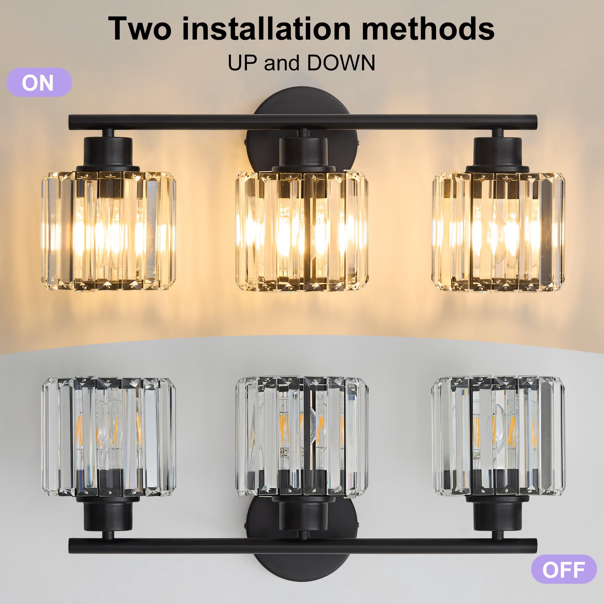 Deyidn Black Vanity Light, 3-Light Modern Bathroom Fixture with K9 Crystal Shades, 22 Inches, Dimmable