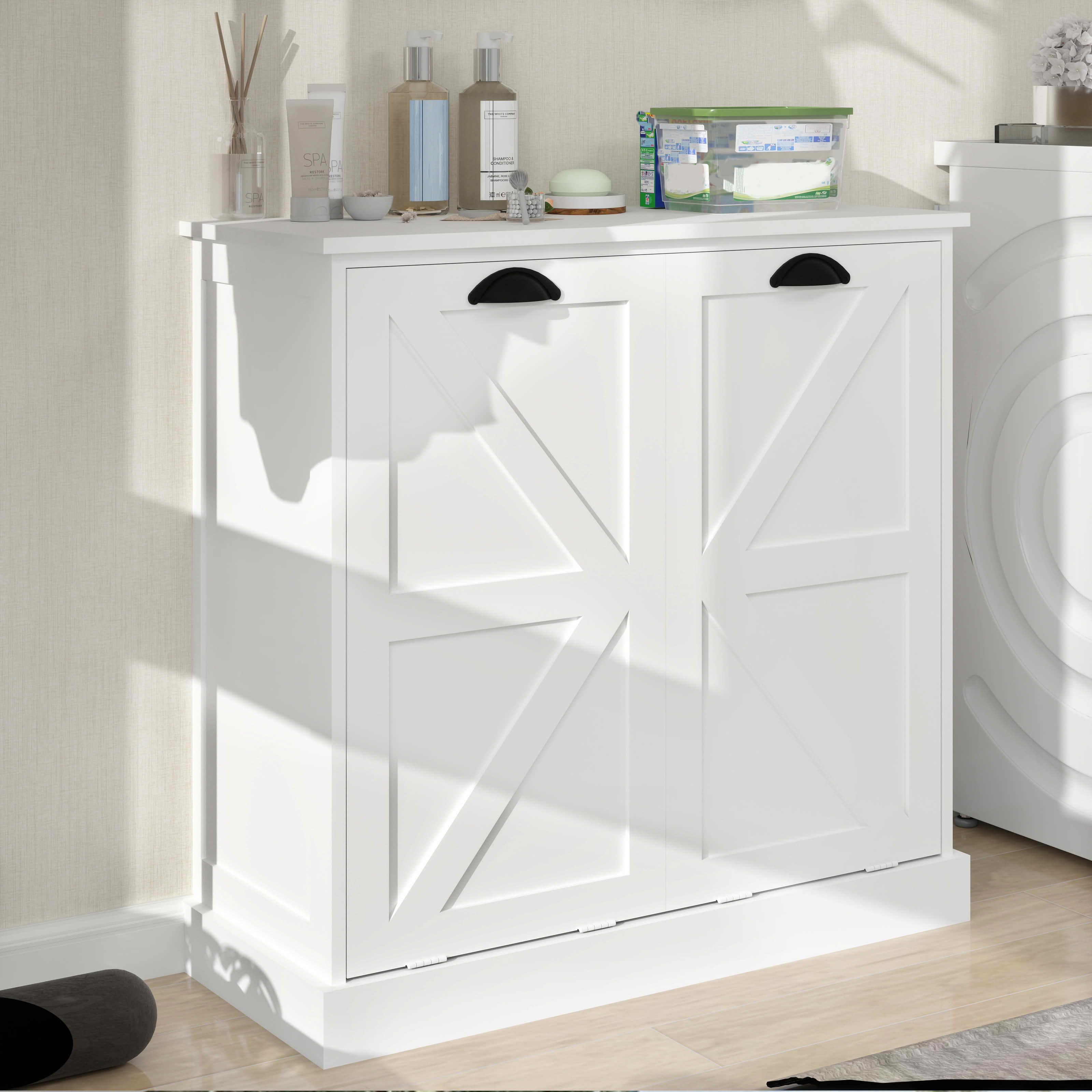 MAYEERTY Two-Compartment Tilt-Out Laundry Sorter Cabinet White