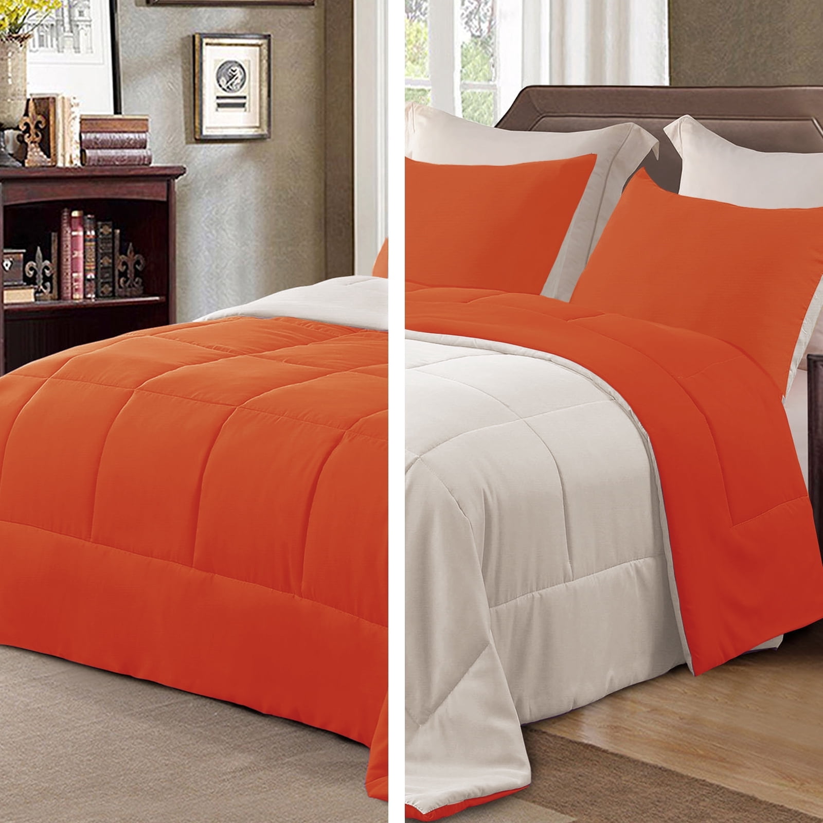 Exclusivo Mezcla Lightweight Reversible 3-Piece Comforter Set All Seasons, Down Alternative Comforter with 2 Pillow Shams, Queen Size, Burnt Orange/Brich Beige