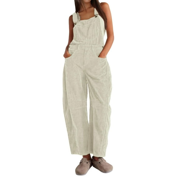 PUWEI Women's Corduroy Overalls Wide Leg Barrel Jeans Adjustable Straps Bib Romper with Pockets