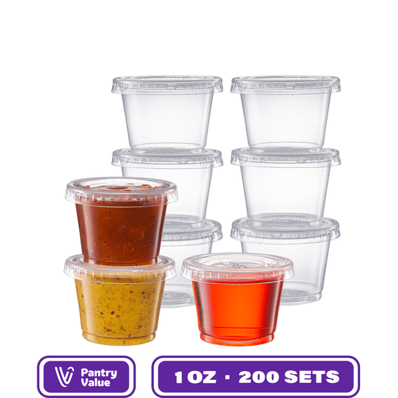 Pantry Value Small Plastic Condiment Containers Jello Shot Cups with Lids, 1 Oz, 200-Pack