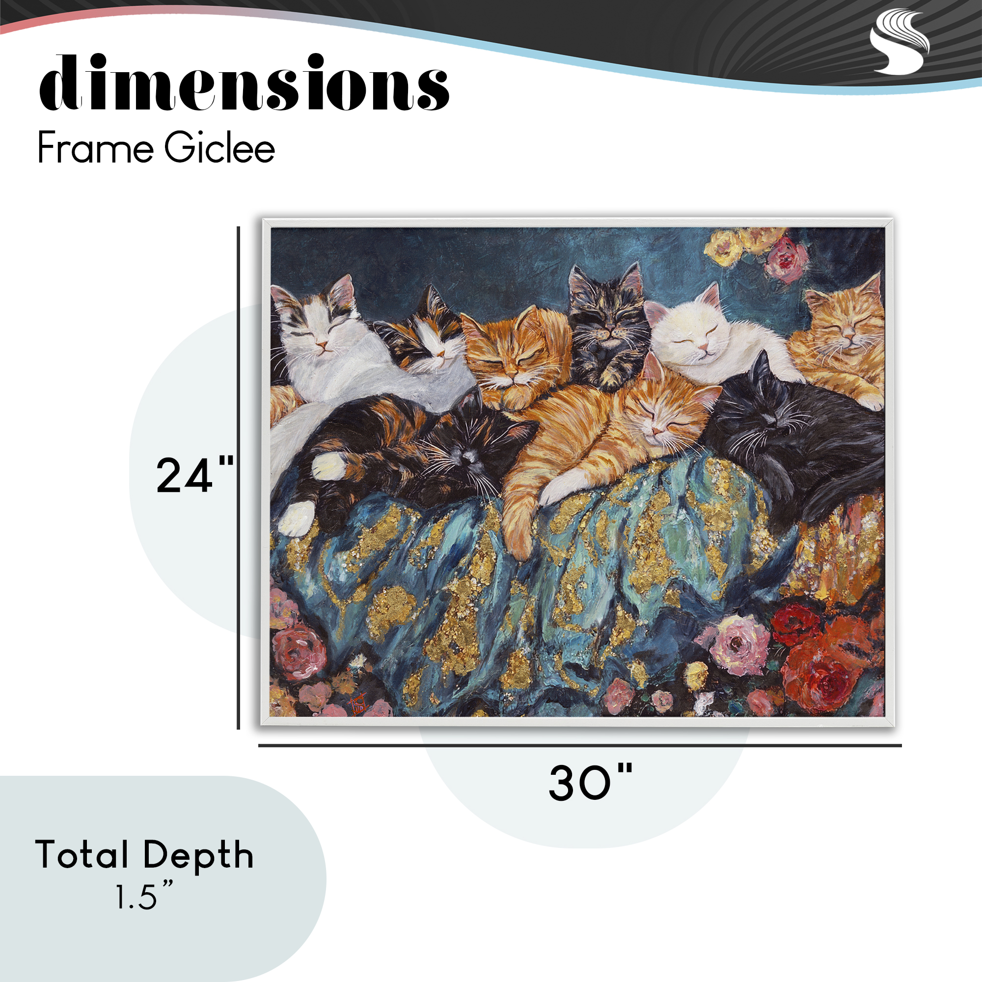 Sleepy Kitty Crowd with Flowers White Framed Giclee Art, design by Sara Culpepper