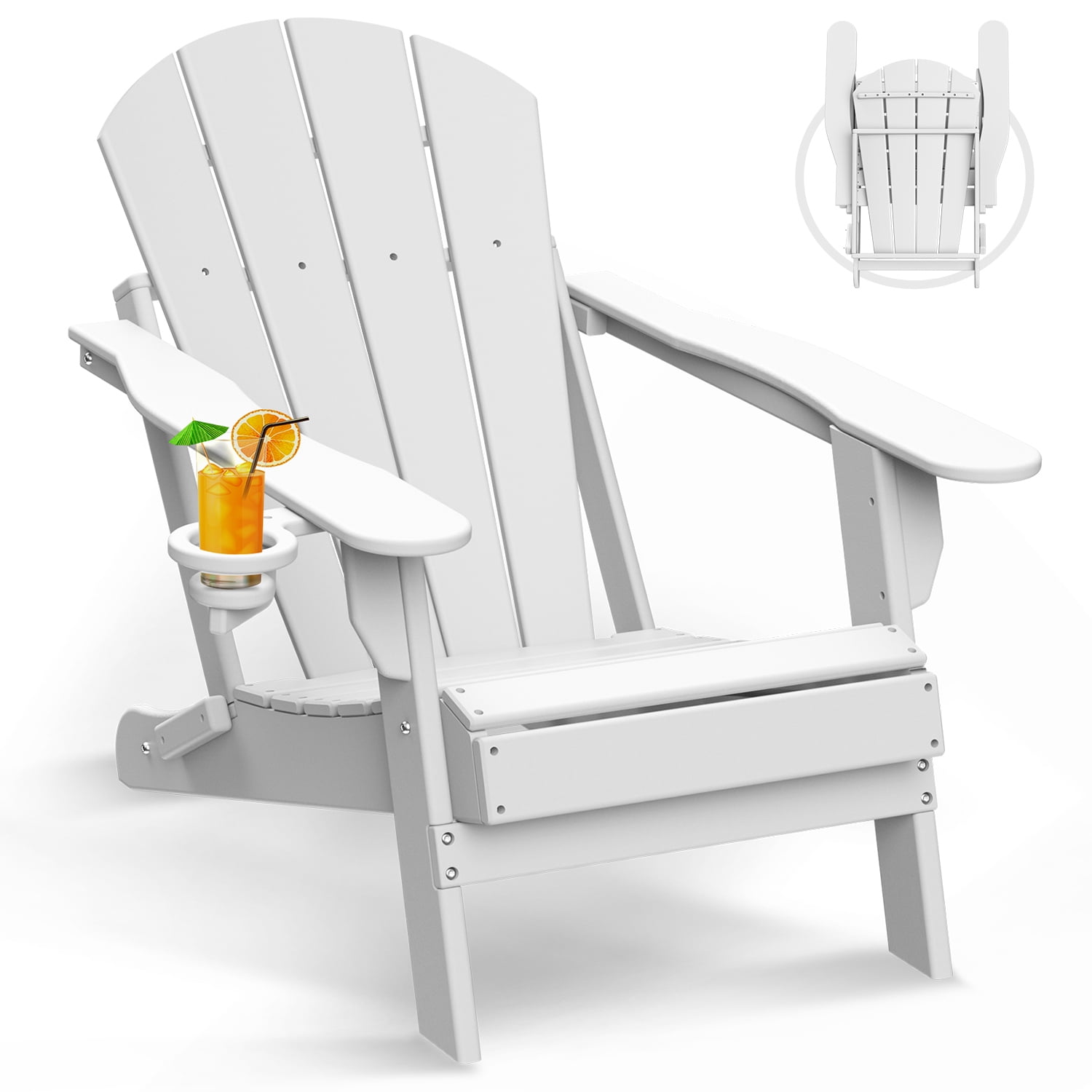 Folding Adirondack Chair HDPE Weather Resistant Patio Chairs w/Cup