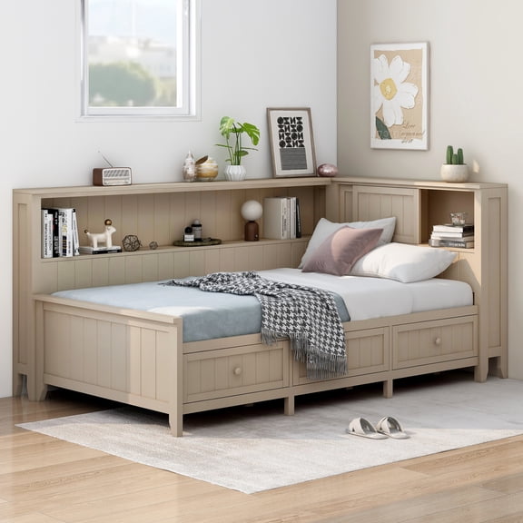 Noble House Twin Daybed with Storage Drawers and Shelves, Wood Guest Bed Frame with Sliding Doors, Antique White