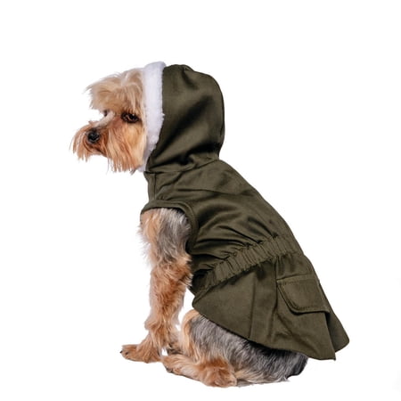 Vibrant Life Olive Green Twill Pet Jacket With Pocket Flap and Fur-Trimmed Hood  For Dogs and Cats  Size Extra-Extra-Small