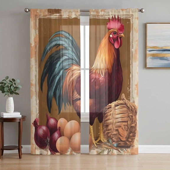 Retro Rooster Sheer Curtains 72 Inch Length 2 Panels Set, Pastoral Animals Watercolor Botanical Voile Window Treatment Rod Pocket Curtains Sheers Drapes for Bedroom/Living Room/Kitchen 52"x72"x2