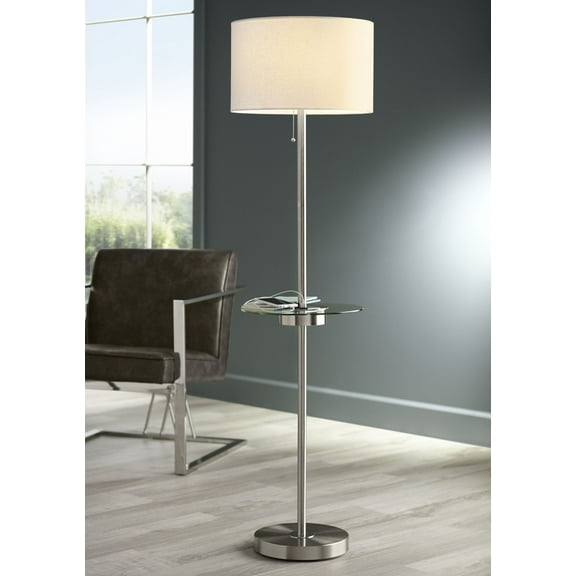 360 Lighting Caper Modern Floor Lamp with Tray Table 60 1/2" Tall Brushed Nickel USB and AC Power Outlet Off White Fabric Drum Shade for Living Room