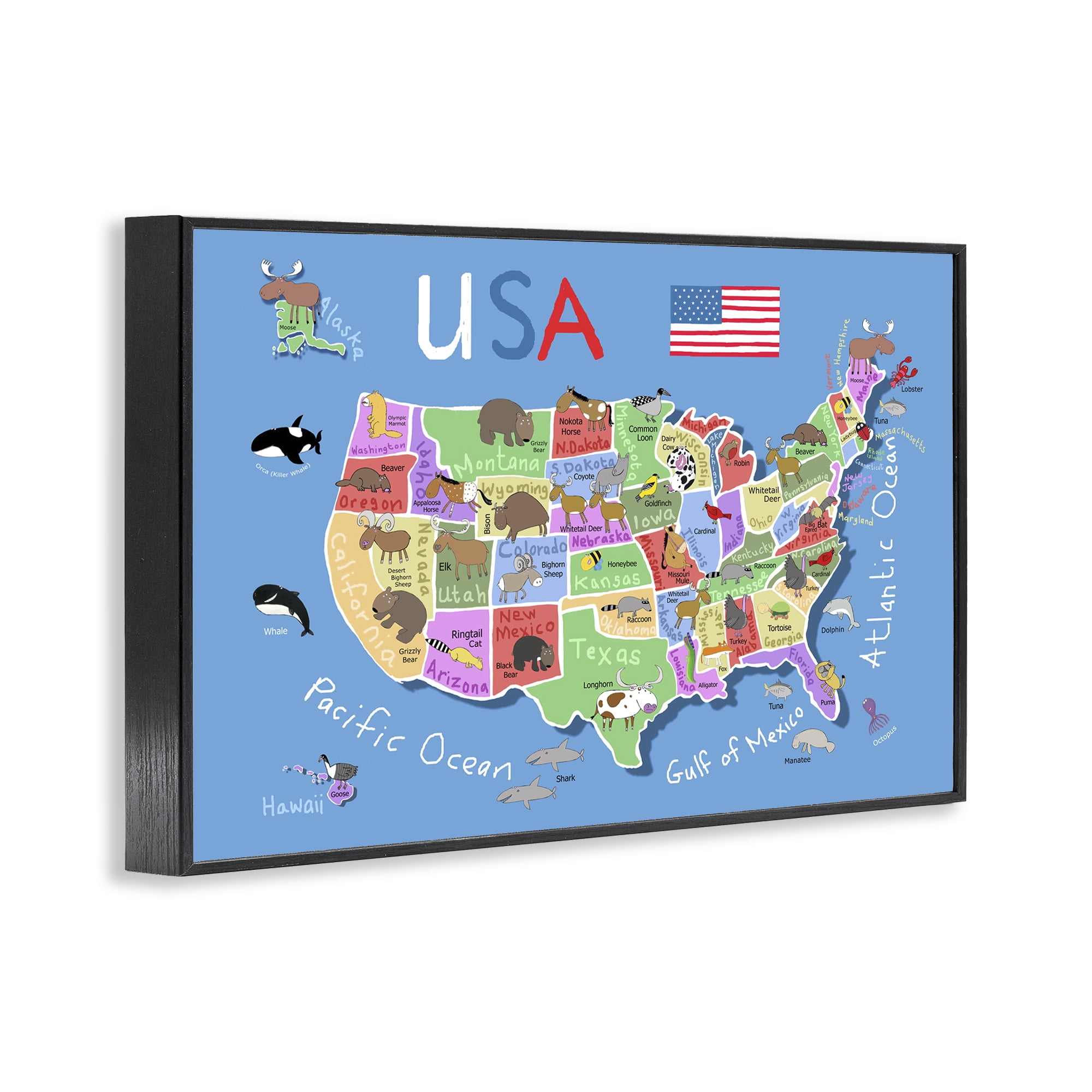 Stupell Industries United States Animal Map Travel & Places Painting Black Framed Art Print Wall Art, 18 x 12
