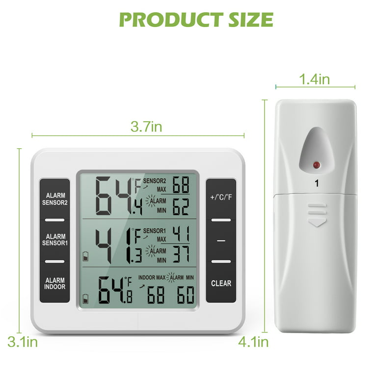 ORIA Refrigerator Thermometer, 2 Wireless Sensors Indoor Outdoor  Thermometer, Wireless Digital Freezer Thermometer, Audible Alarm, Min and  Max Record