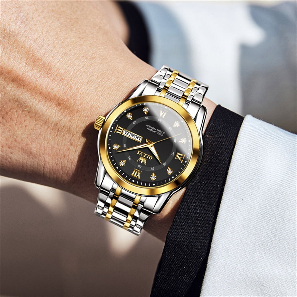 OLEVS Watches for Men Classic Business Dress Analog Quartz Stainless Steel Waterproof Luminous Date Diamond Mens Wrist Watches Relojes De Hombre,Gold/Blue/Black Dial