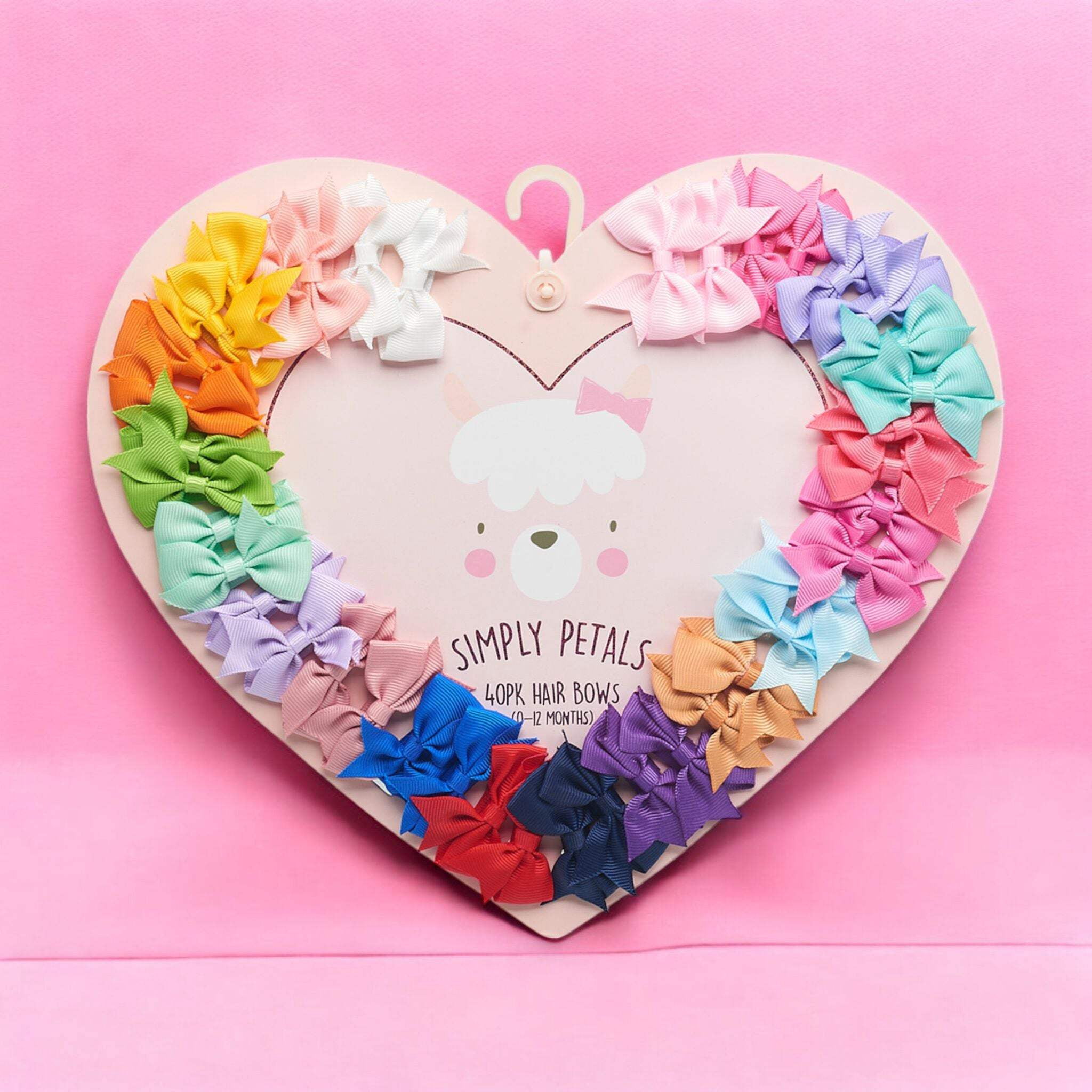 Simply Petals 40 Pack Heart Themed Hair Bow Set - Baby Bows for 0-12 Months, Colorful Clips for Infants, Girl, 40pcs