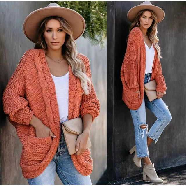 Tralilbee Women's Long Sleeve Open Front Chunky Oversized Knitted Sweater Cardigan