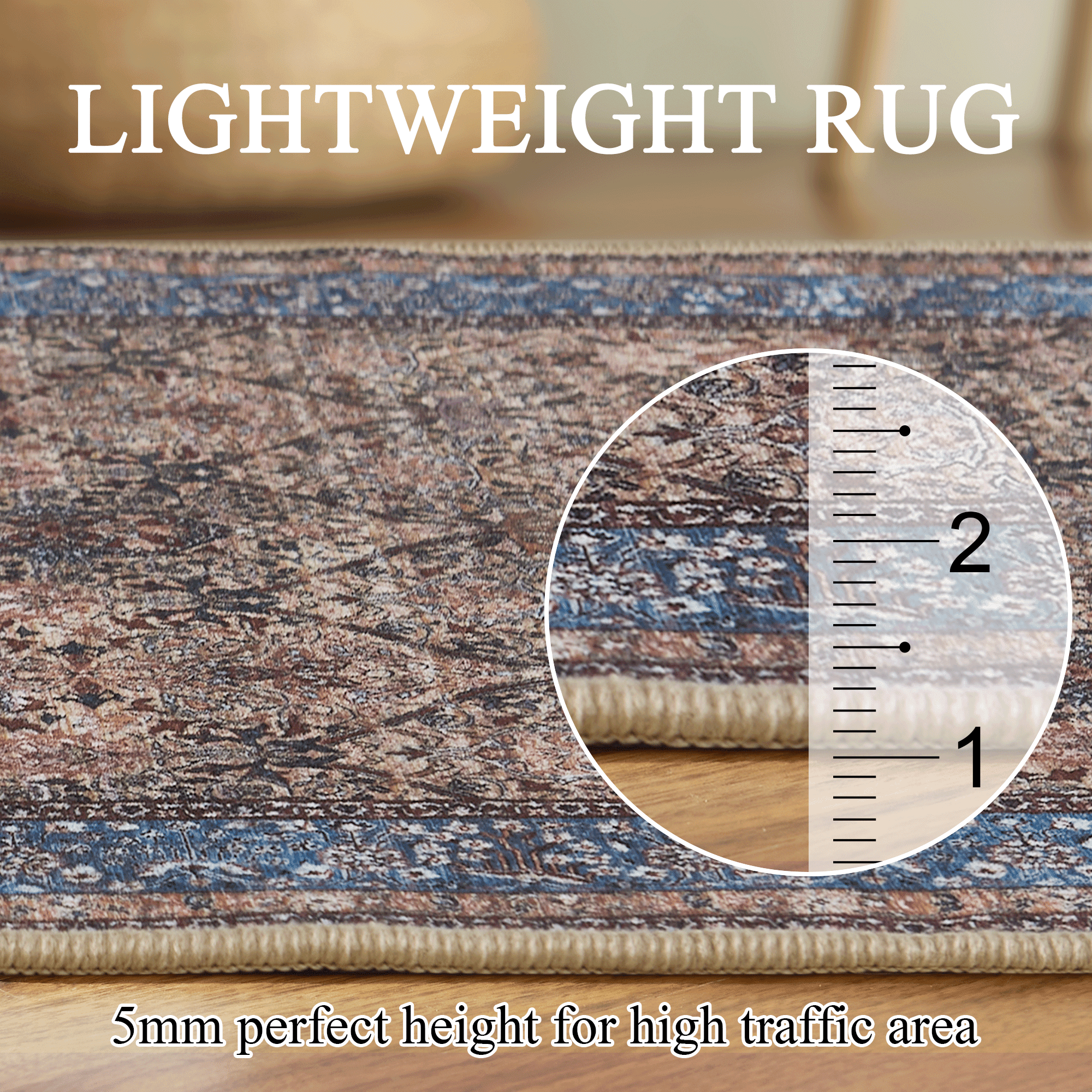 NICETOWN Area Rug 6'x9' Washable Living Room Rug, Non-Slip Vintage Floral Rug Indoor Large Carpet Non-Shedding Mat for Bedroom, Dusty Blue