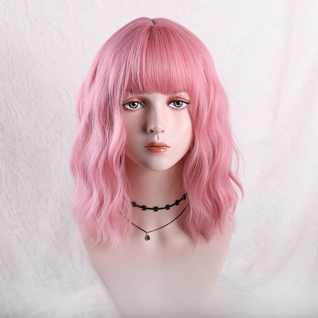 RV Cabello medio largo europeo y americano, flequillo plano, ondulado rizado rosa, pelucas de anime Rojo Verde