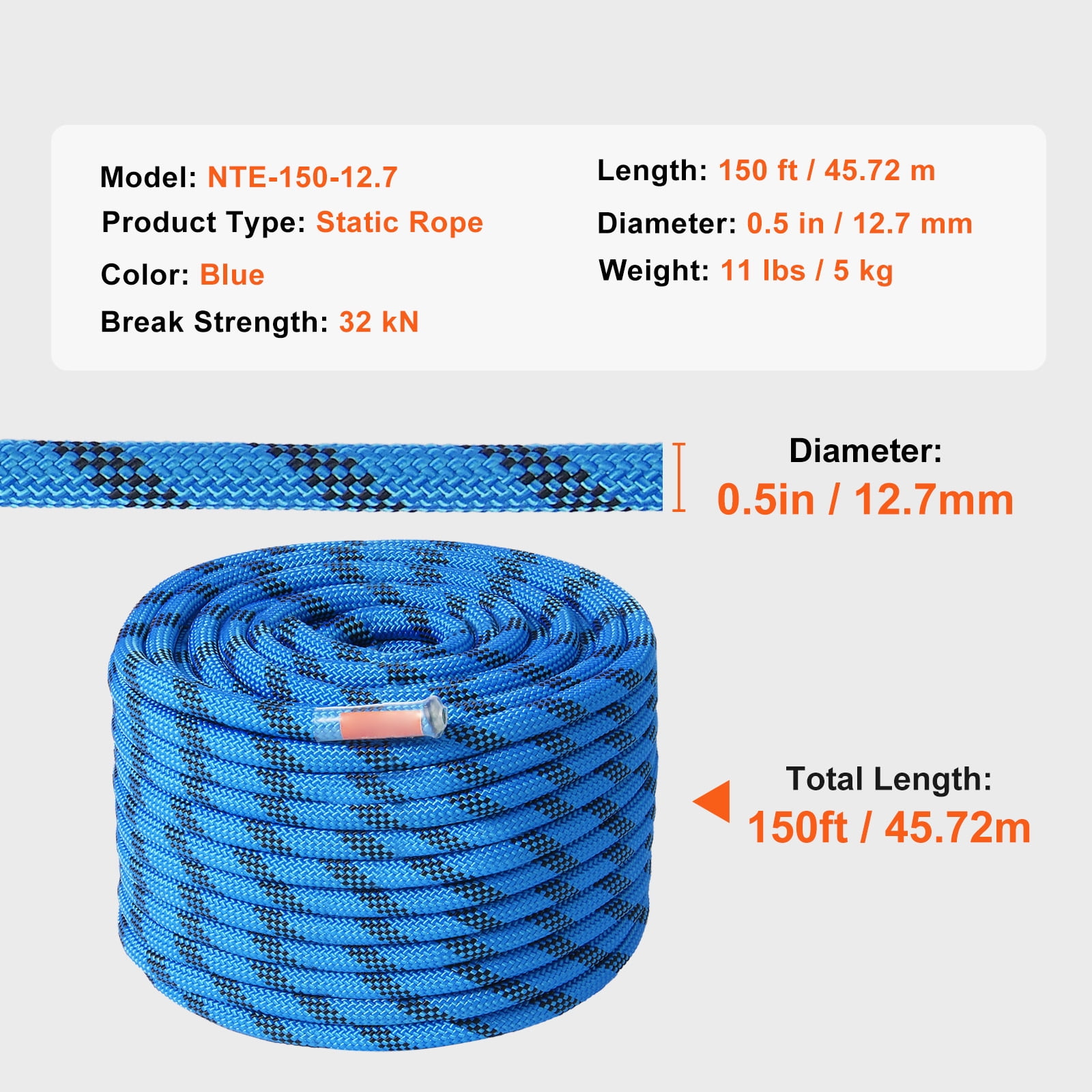 KFFKFF 12.7mm Durable Rope for Climbing, 45.7M(150ft) Length, 30KN Tensile Strength, Outdoor Fiber Cord with Metal Snap Hooks for Rappelling, Fire Emergency, and Escape, in Blue