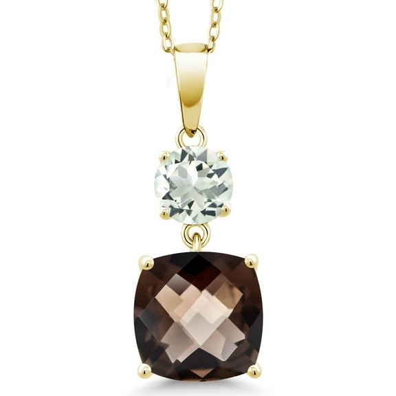 Gem Stone King 18K Yellow Gold Plated Silver Brown Smoky Quartz and Green Prasiolite Pendant Necklace for Women (4.65 Cttw, Gemstone Birthstone, Cushion Checkerboard 10MM, Round 6MM)